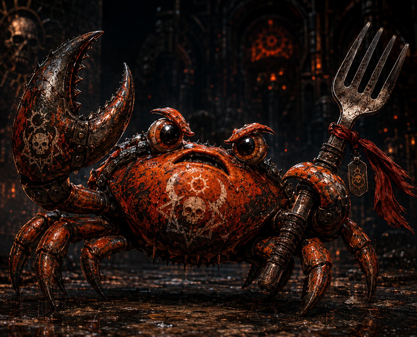 Clickums: worn rust-orange metal, skull insignia, a huge claw, and a forkstaff in the dark monastery.